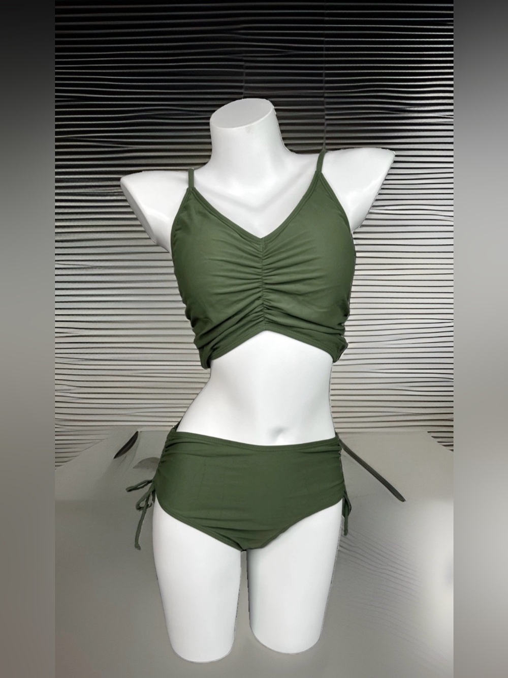 Aimage Bikini bralette Top-High-Waisted Bottom Adj Side Ties Olive Green Med NWT
